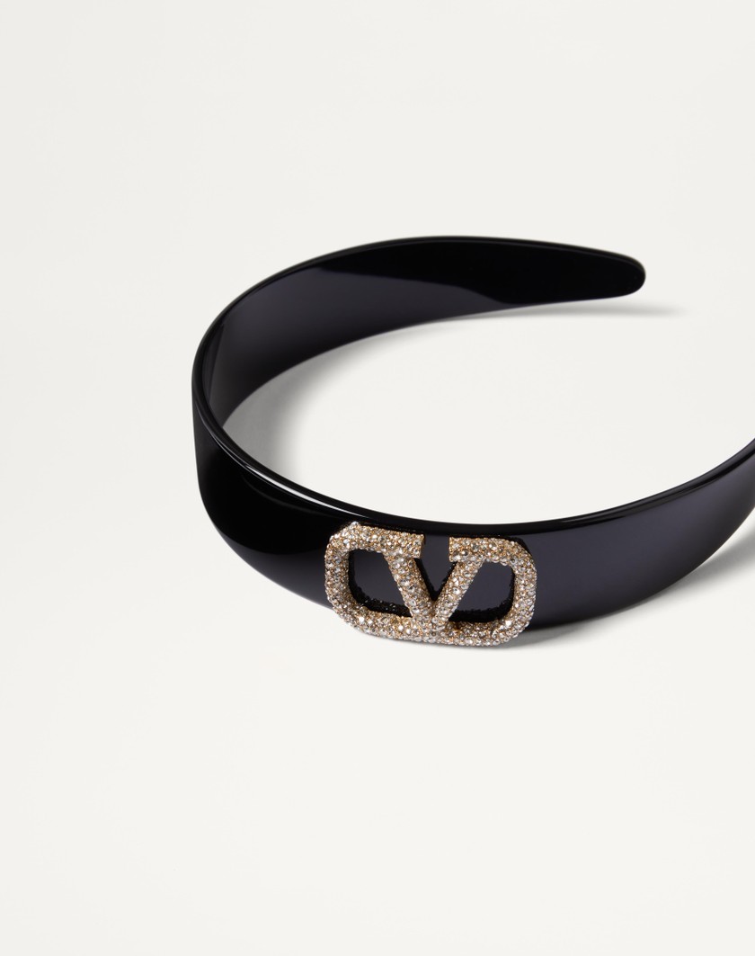 Valentino Handbags Cerchietto Vlogo Signature In Resina Metallo E Cristalli Swarovski® Per Donna In Nero/oro/crystal | Valentino IT
