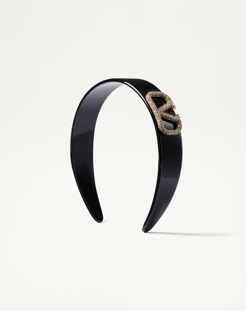 Valentino Handbags Cerchietto Vlogo Signature In Resina Metallo E Cristalli Swarovski® per Donna in Nero/oro/crystal | Valentino IT