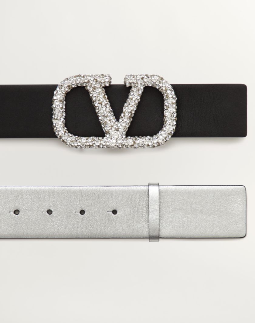 Valentino Handbags Cintura Reversibile Vlogo Signature In Vitello Metallizzato 40 Mm Per Donna In Silver/nero/crystal | Valentino IT