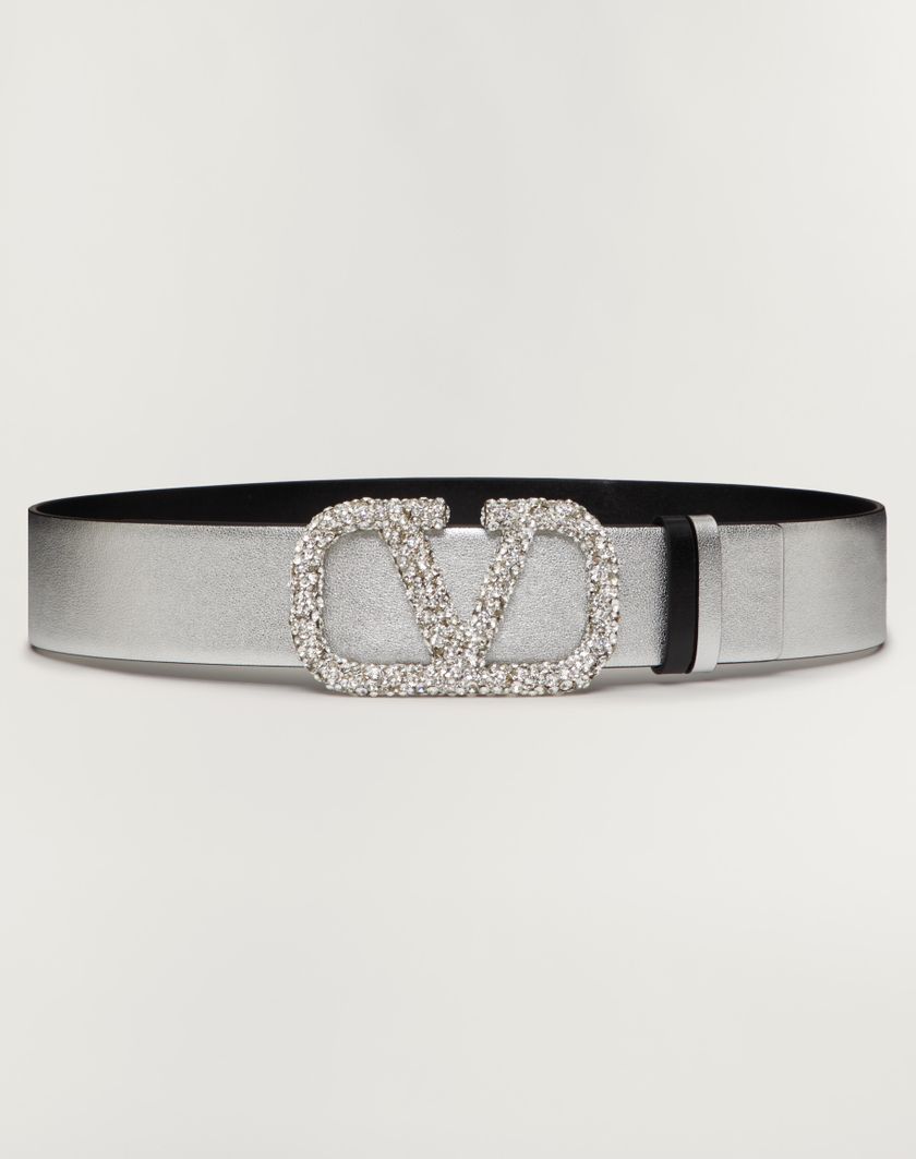 Valentino Handbags Cintura Reversibile Vlogo Signature In Vitello Metallizzato 40 Mm per Donna in Silver/nero/crystal | Valentino IT