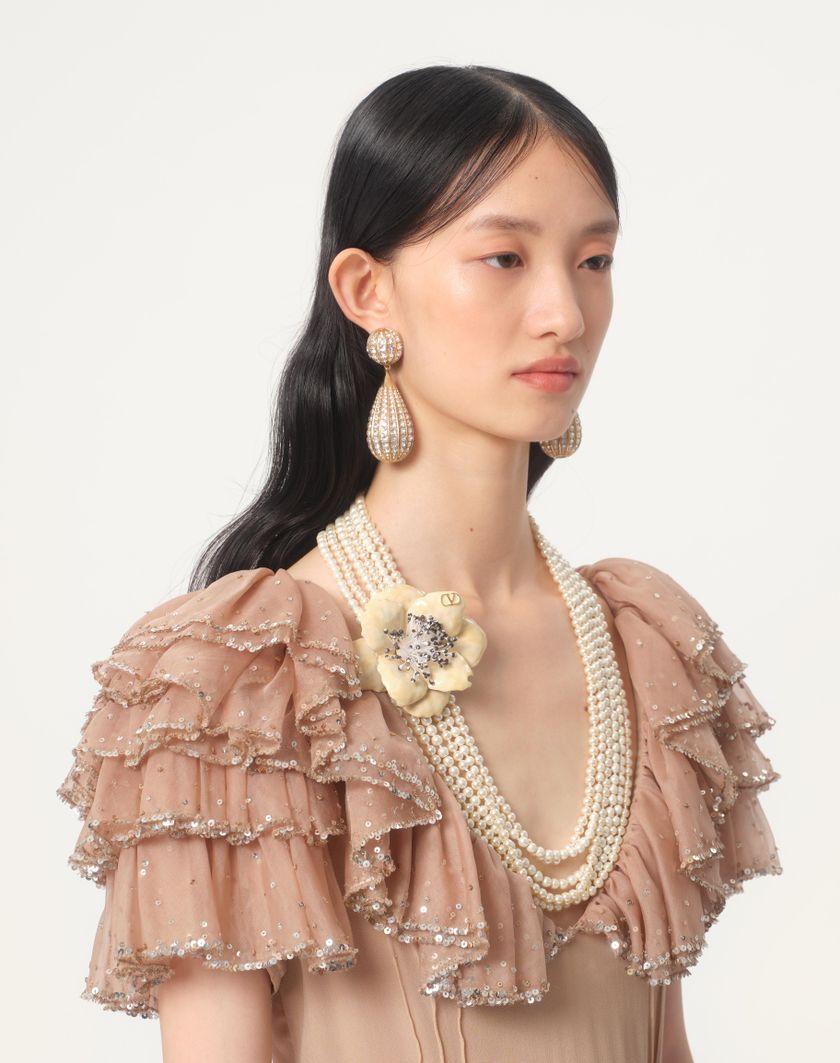 Valentino Handbags Collana Fleur Lumineuse In Metallo Smalto Perle E Tessuto Per Donna In Multicolor | Valentino IT