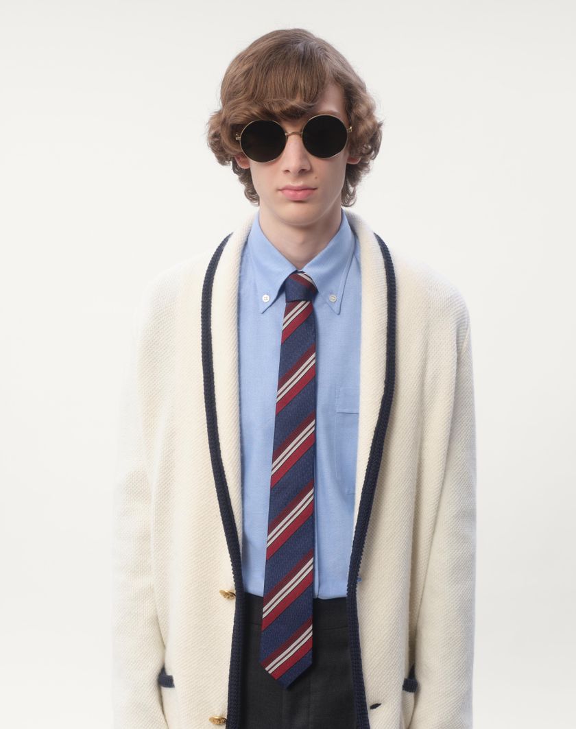 Valentino Handbags Cravatta Valentie In Seta A Righe Per Uomo In Blu/bordeaux/bianco/nero | Valentino IT