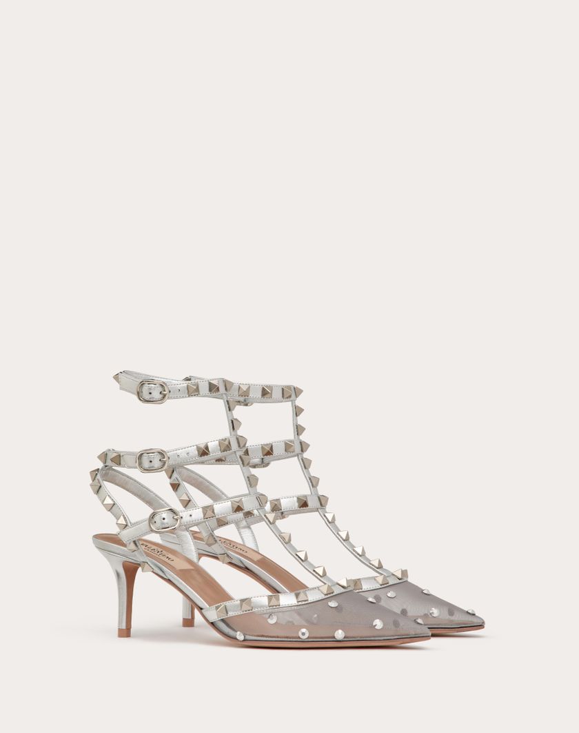 Valentino Handbags Décolleté Rockstud In Rete Con Cristalli E Cinturini 65mm Per Donna In Pastel Grey/silver | Valentino IT