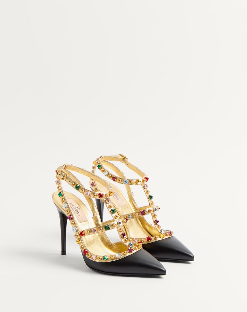 Valentino Handbags Décolleté Rockstud In Vitello Con Cabochon E Cristalli 100mm Per Donna In Nero/antique Brass | Valentino IT