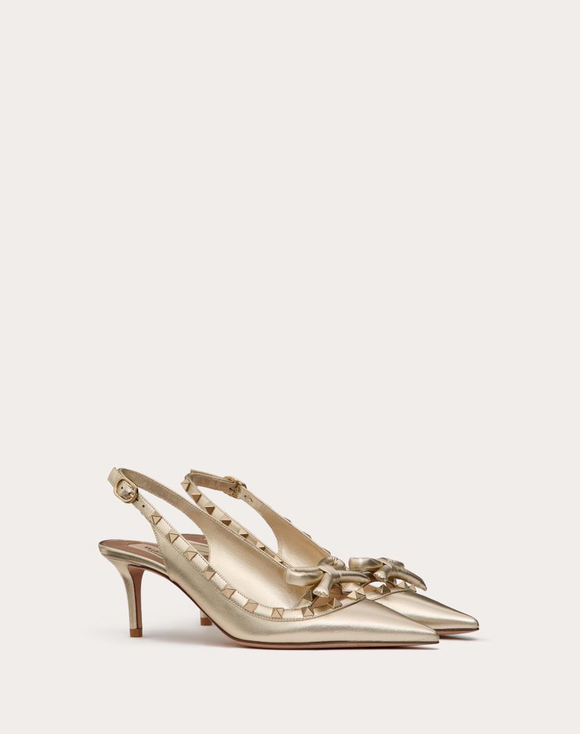 Valentino Handbags Décolleté Slingback Rockstud Bow In Nappa Laminata E Borchie In Tono 60mm Per Donna In Platino | Valentino IT