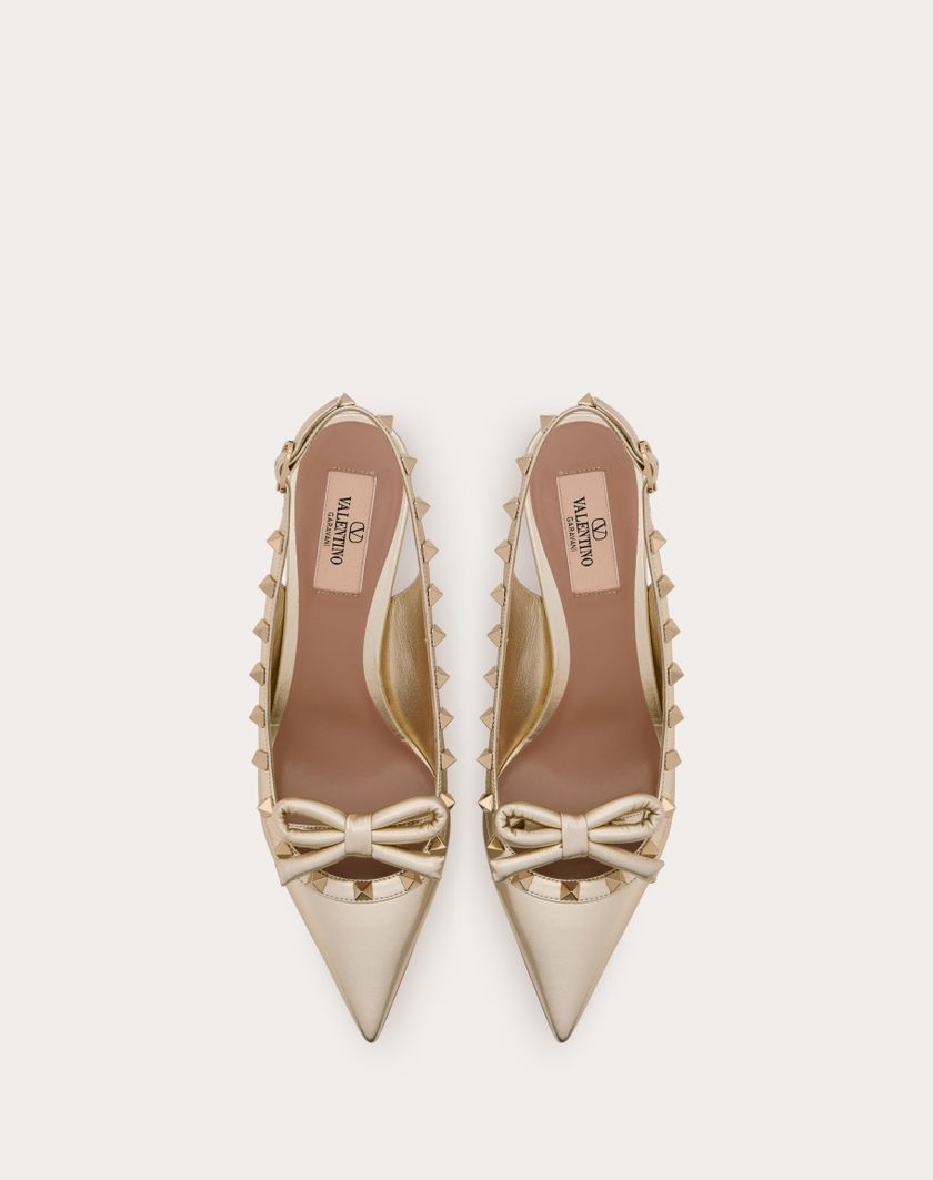 Valentino Handbags Décolleté Slingback Rockstud Bow In Nappa Laminata E Borchie In Tono 60mm Per Donna In Platino | Valentino IT