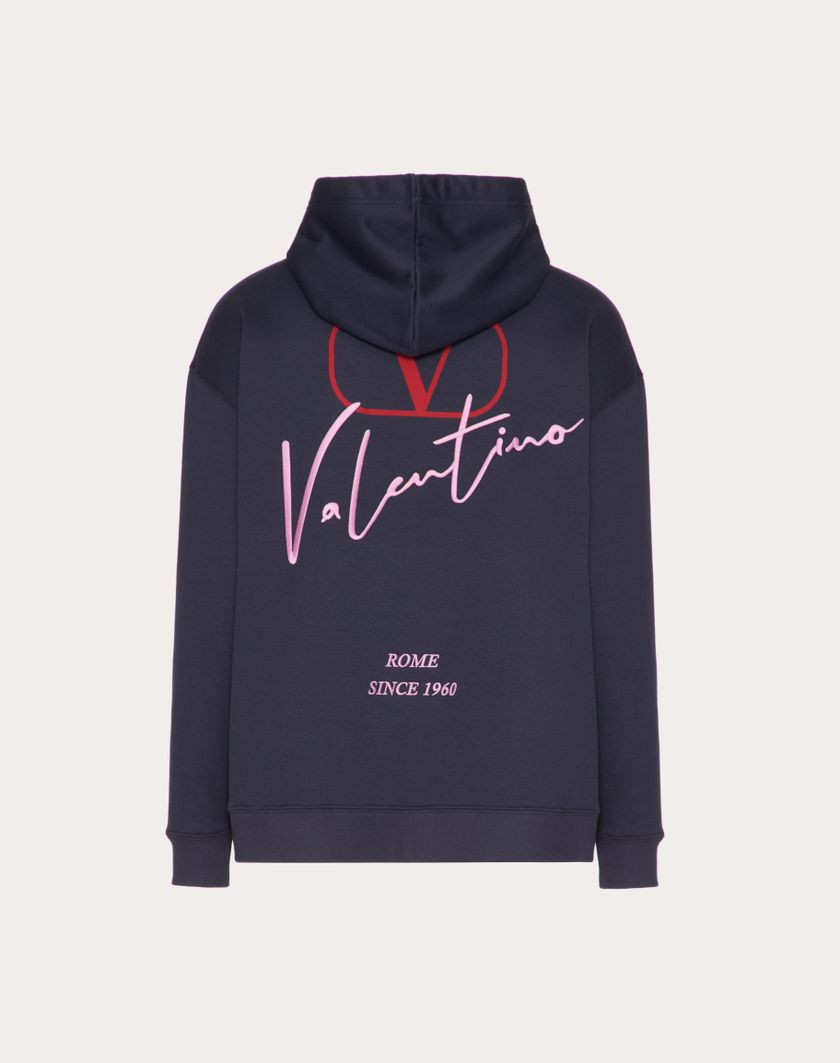 Valentino Handbags Felpa Con Cappuccio In Cotone Con Ricamo Valentino E Stampa Vlogo Signature Per Uomo In Navy | Valentino IT