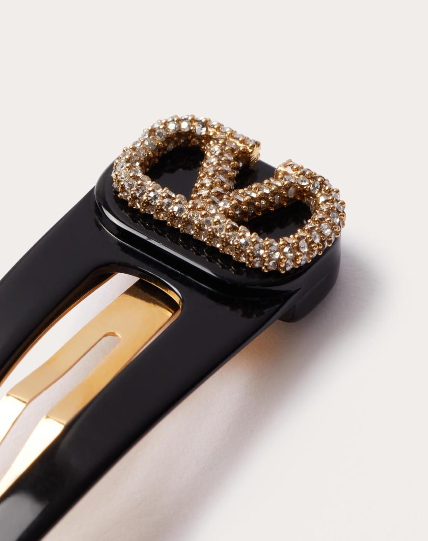 Valentino Handbags Fermagli Per Capelli Vlogo Signature In Metallo Resina E Cristalli Swarovski® Per Donna In Nero/oro/crystal | Valentino IT