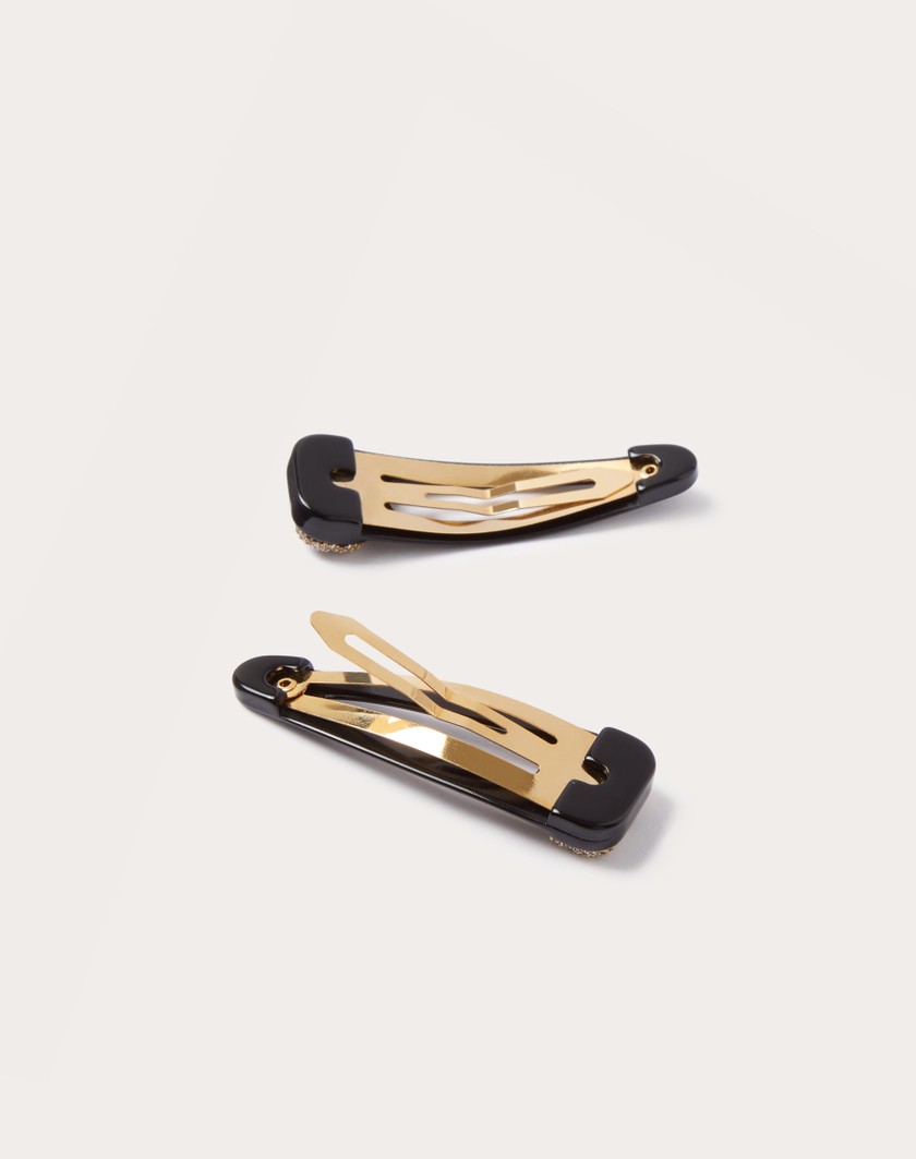 Valentino Handbags Fermagli Per Capelli Vlogo Signature In Metallo Resina E Cristalli Swarovski® Per Donna In Nero/oro/crystal | Valentino IT