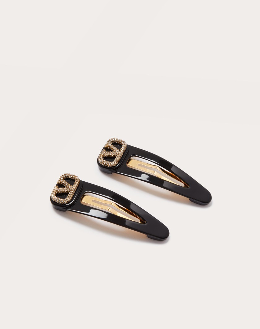 Valentino Handbags Fermagli Per Capelli Vlogo Signature In Metallo Resina E Cristalli Swarovski® Per Donna In Nero/oro/crystal | Valentino IT