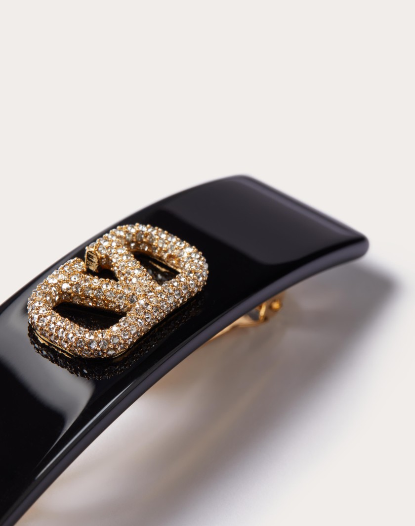 Valentino Handbags Fermaglio Per Capelli Vlogo Signature In Metallo Resina E Cristalli Swarovski® Per Donna In Nero/oro/crystal | Valentino IT