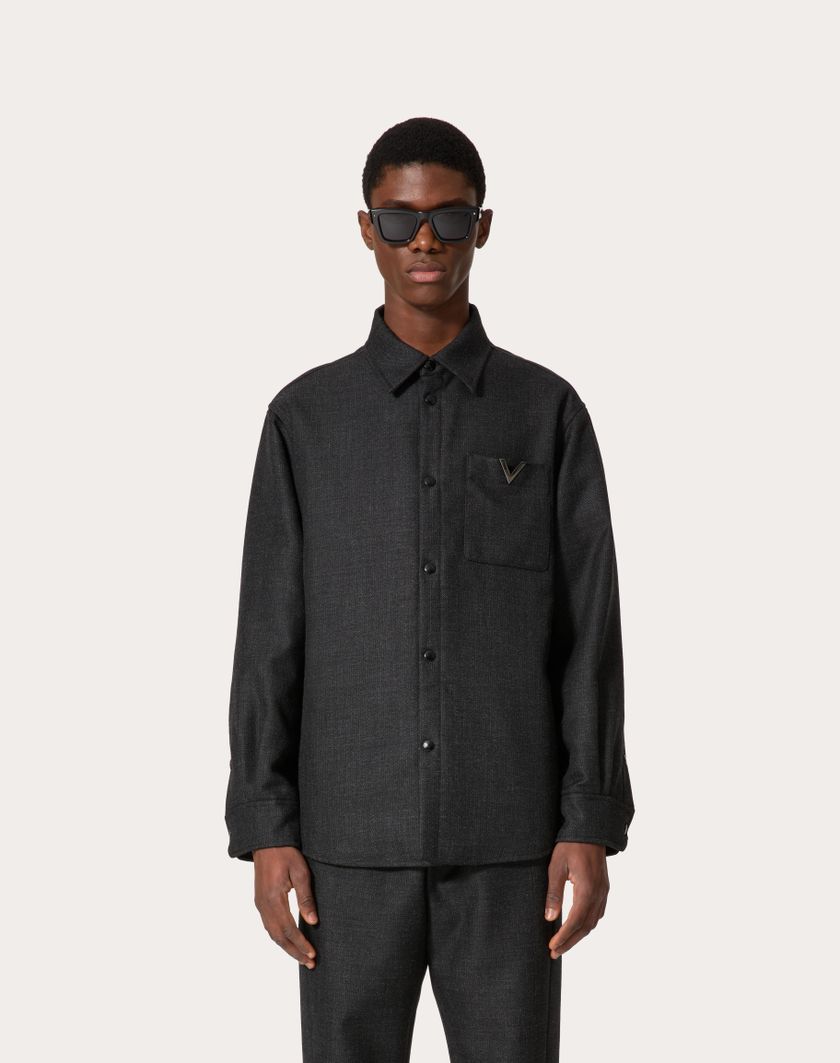 Valentino Handbags Giacca Camicia In Tweed Di Lana Con V Detail Metallica Per Uomo In Nero/antracite | Valentino IT