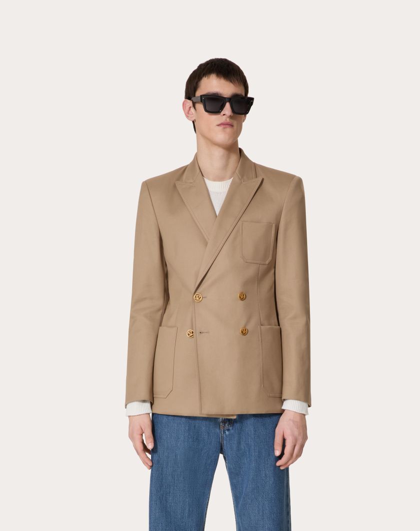 Valentino Handbags Giacca Doppiopetto In Satin Di Cotone Per Uomo In Khaki | Valentino IT