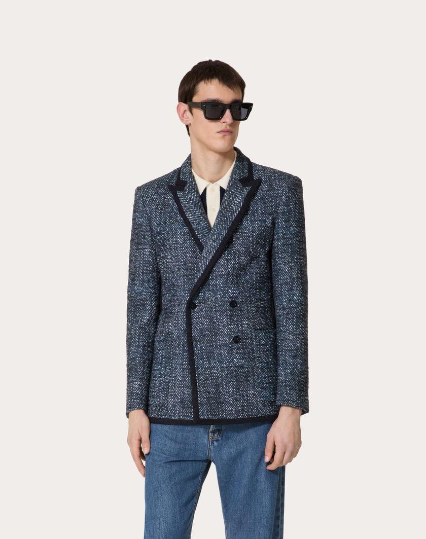 Valentino Handbags Giacca Doppiopetto In Tweed Di Cotone E Viscosa Con Stampa Microchevron Per Uomo In Avorio/navy | Valentino IT