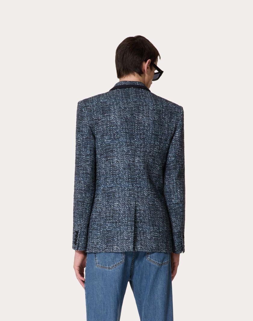 Valentino Handbags Giacca Doppiopetto In Tweed Di Cotone E Viscosa Con Stampa Microchevron Per Uomo In Avorio/navy | Valentino IT