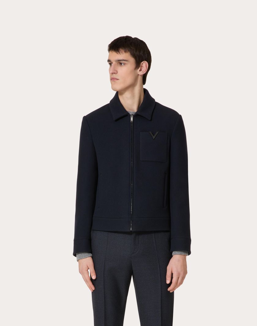 Valentino Handbags Giacca In Lana Con V Detail Metallica Per Uomo In Navy | Valentino IT