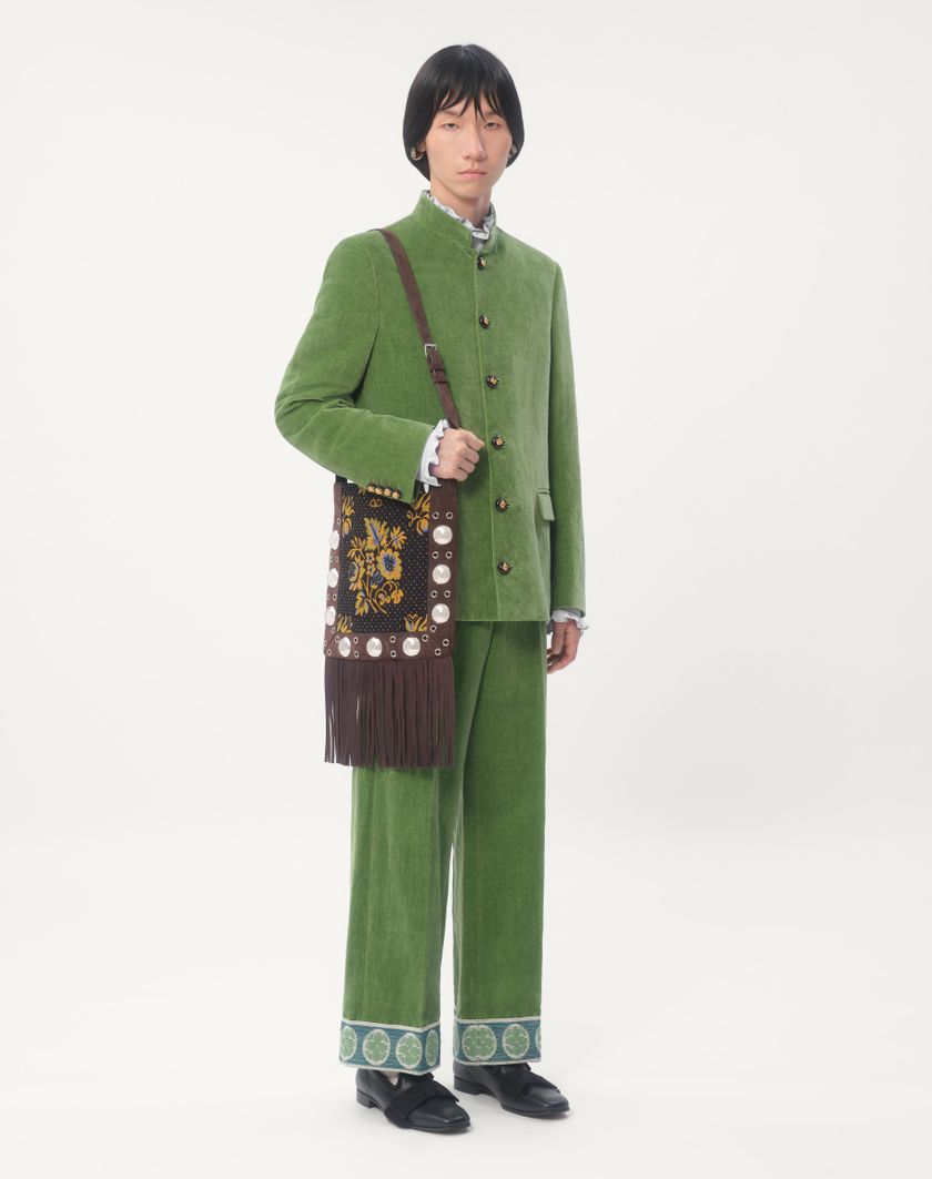 Valentino Handbags Giacca In Velluto Di Cotone E Lino Lavato Con Colletto Alla Coreana Per Uomo In Laurel | Valentino IT