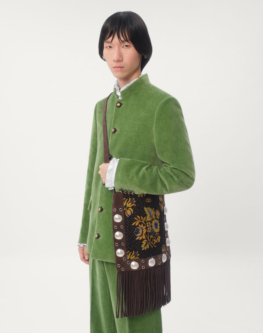 Valentino Handbags Giacca In Velluto Di Cotone E Lino Lavato Con Colletto Alla Coreana Per Uomo In Laurel | Valentino IT