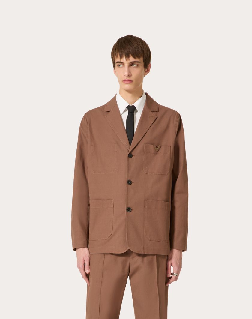Valentino Handbags Giacca Monopetto In Canvas Di Cotone Stretch Con V Detail Gommata Per Uomo In Clay | Valentino IT
