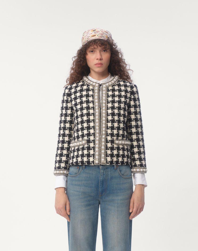 Valentino Handbags Giacca Ricamata In Damier Light Tweed Per Donna In Bianco/ Nero | Valentino IT