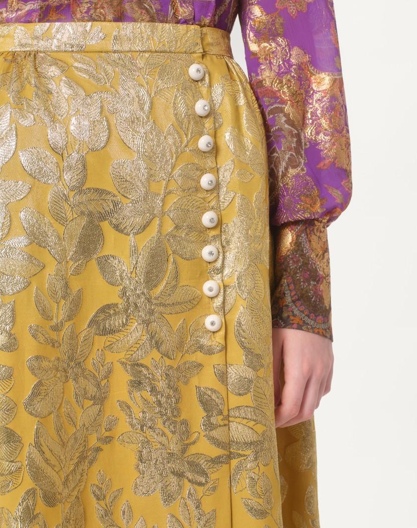 Valentino Handbags Gonna In Apres L'hiver Silk Lurex Foglioline Per Donna In Ocra | Valentino IT