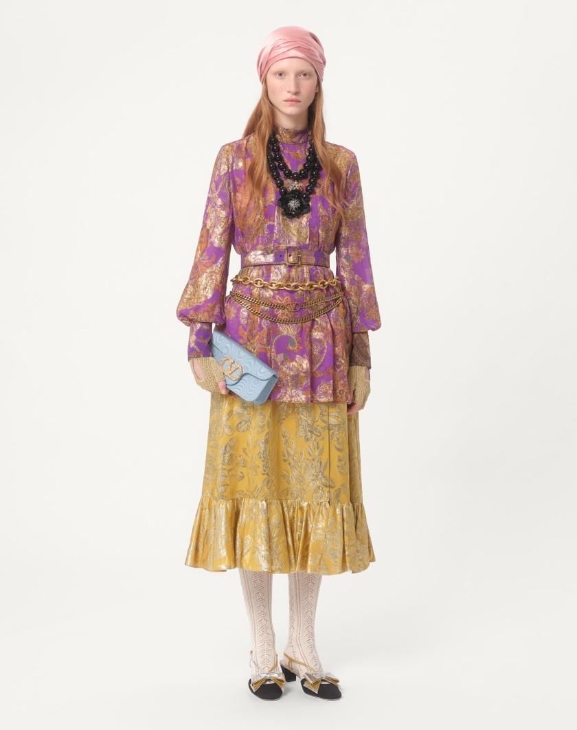 Valentino Handbags Gonna In Apres L'hiver Silk Lurex Foglioline per Donna in Ocra | Valentino IT