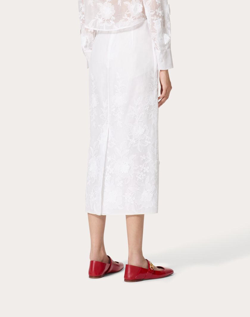 Valentino Handbags Gonna Midi In Camellia Organdis Per Donna In Avorio | Valentino IT