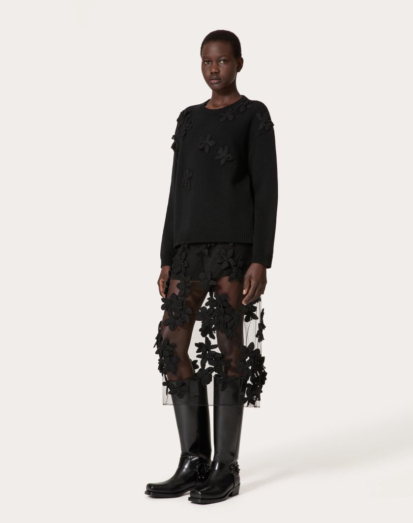 Valentino Handbags Gonna Midi In Tulle Illusione Ricamata Per Donna In Nero | Valentino IT