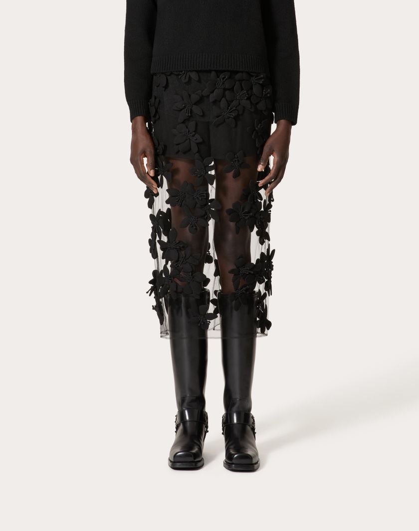 Valentino Handbags Gonna Midi In Tulle Illusione Ricamata Per Donna In Nero | Valentino IT