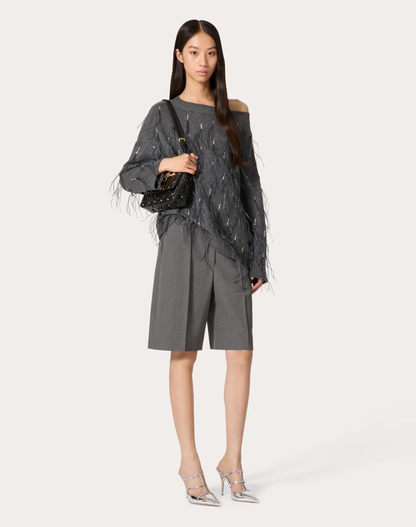 Valentino Handbags Maglia In Lana Con Piume Ricamata Per Donna In Grigio Scuro | Valentino IT