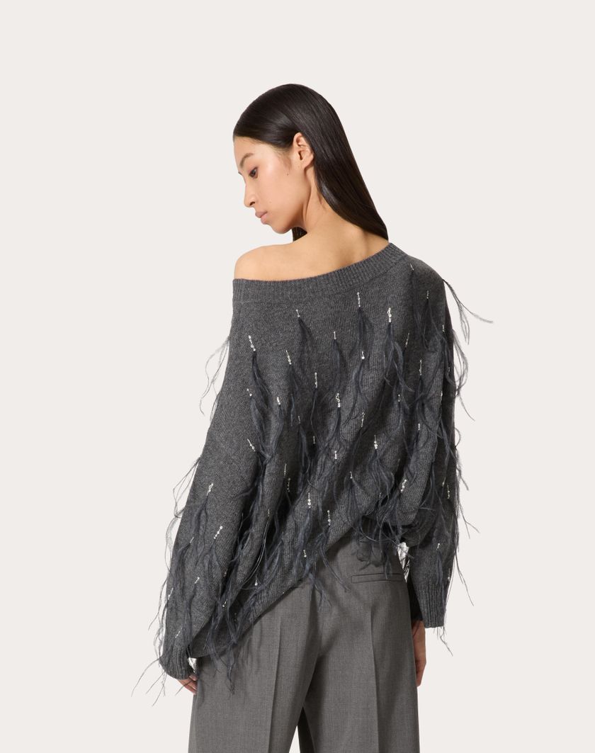 Valentino Handbags Maglia In Lana Con Piume Ricamata Per Donna In Grigio Scuro | Valentino IT