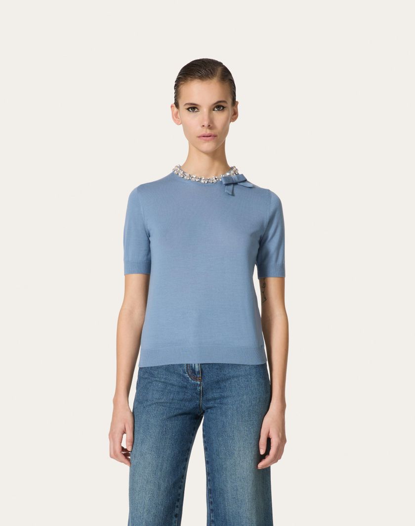 Valentino Handbags Maglia In Lana Ricamata Per Donna In Azzurro | Valentino IT