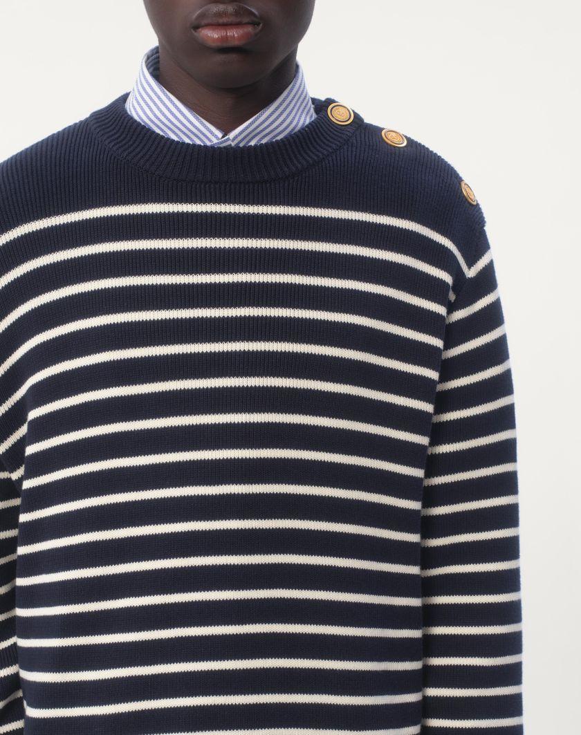 Valentino Handbags Maglione Girocollo In Cotone A Righe Con Bottoni Sulla Spalla Per Uomo In Indaco/burro | Valentino IT
