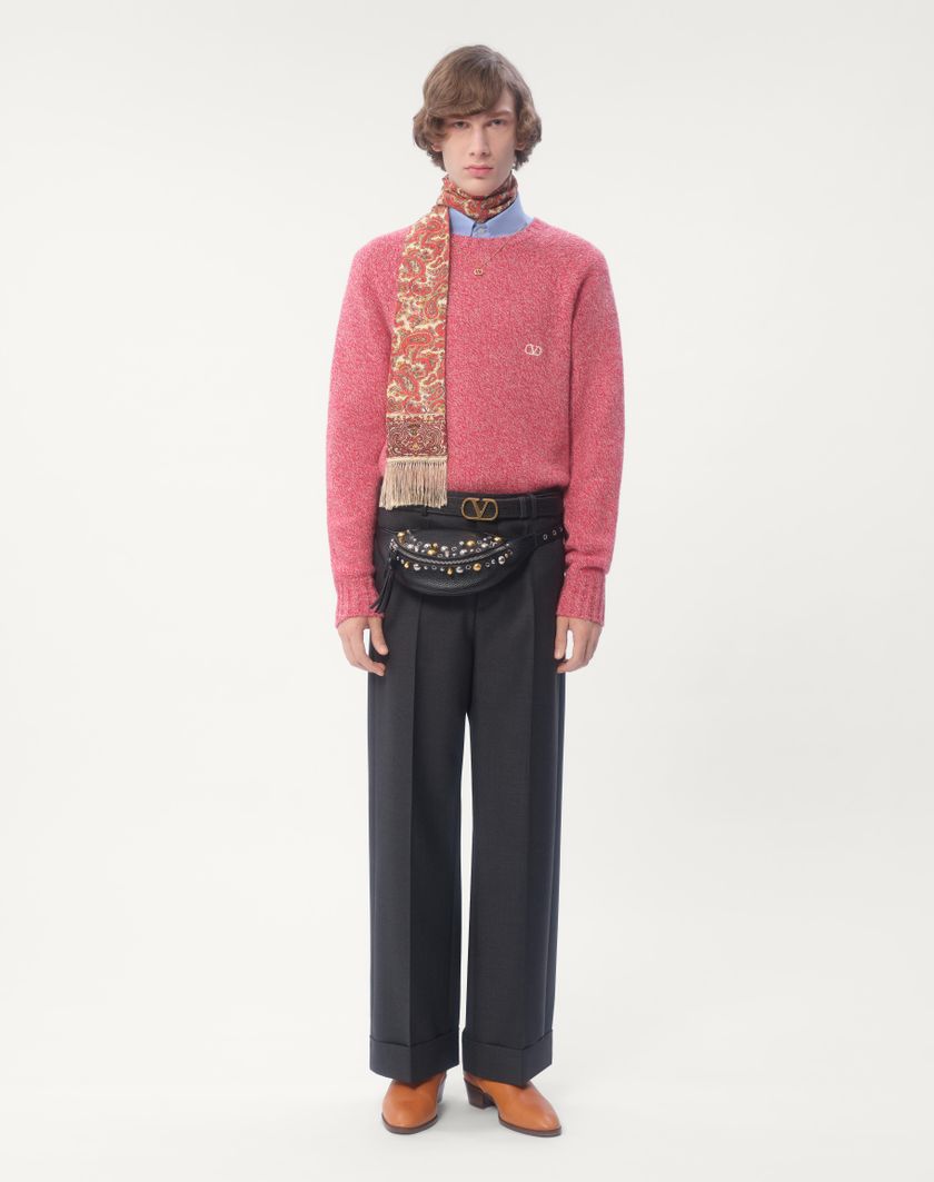 Valentino Handbags Maglione Girocollo In Lana Con Ricamo Vlogo Per Uomo In Turchese | Valentino IT