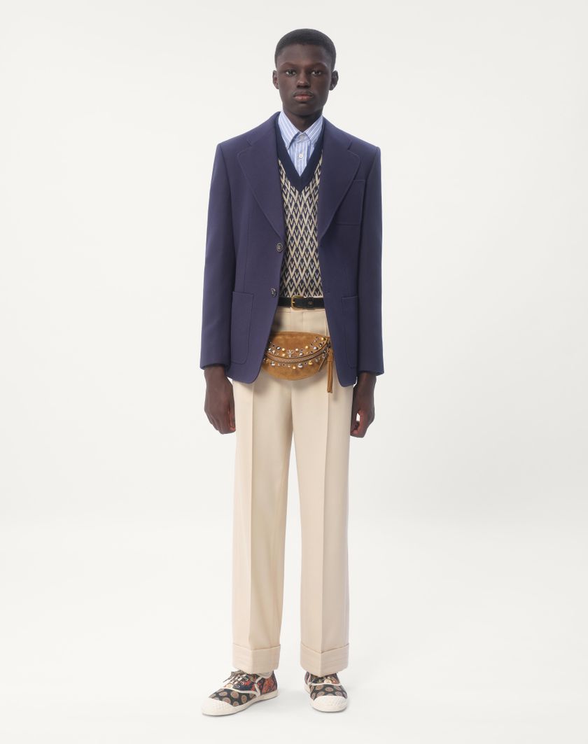 Valentino Handbags Maglione In Lana Con Motivo Jacquard Toute La V Per Uomo In Navy/crema | Valentino IT