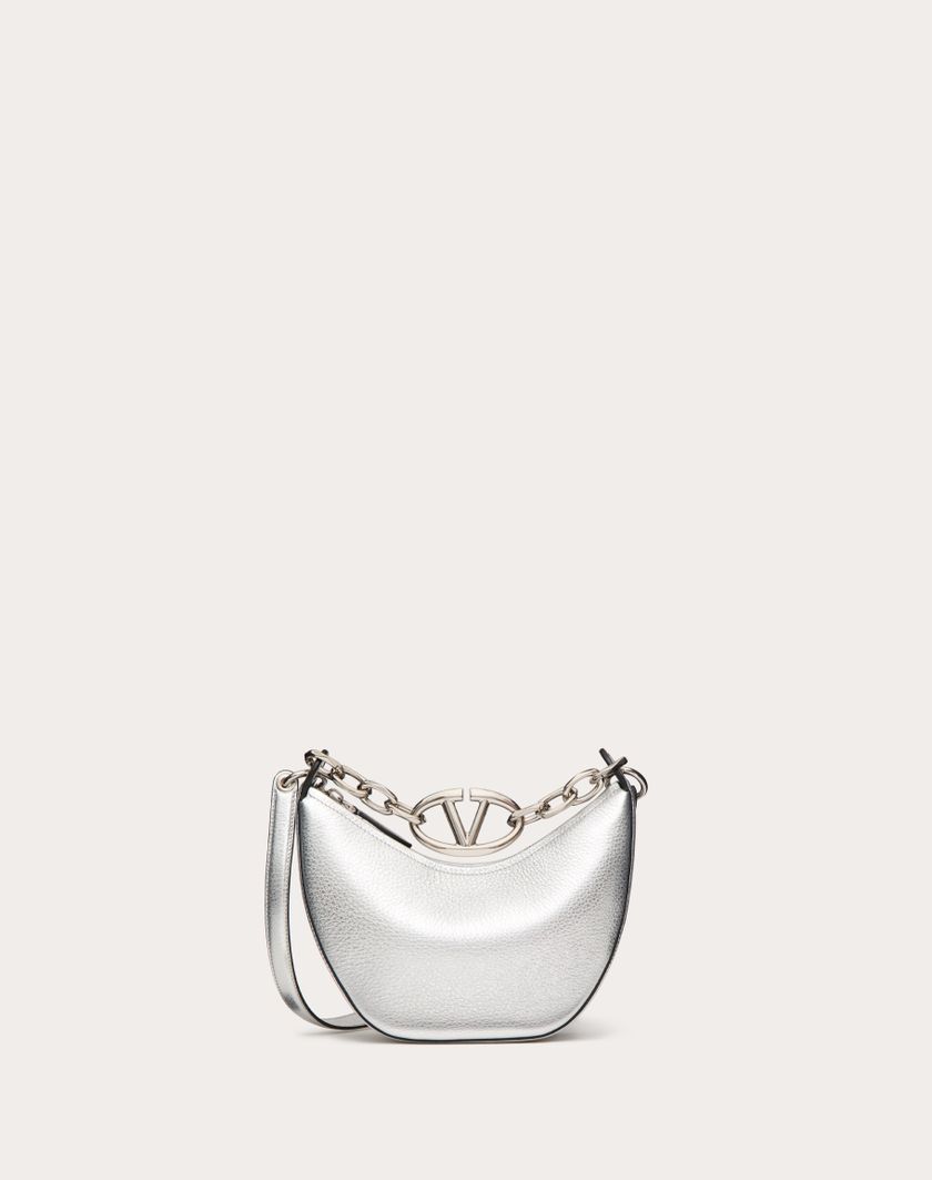 Valentino Handbags Mini Hobo Vlogo Moon Bag In Vitello Granato Metallizzato Con Catena per Donna in Argento | Valentino IT