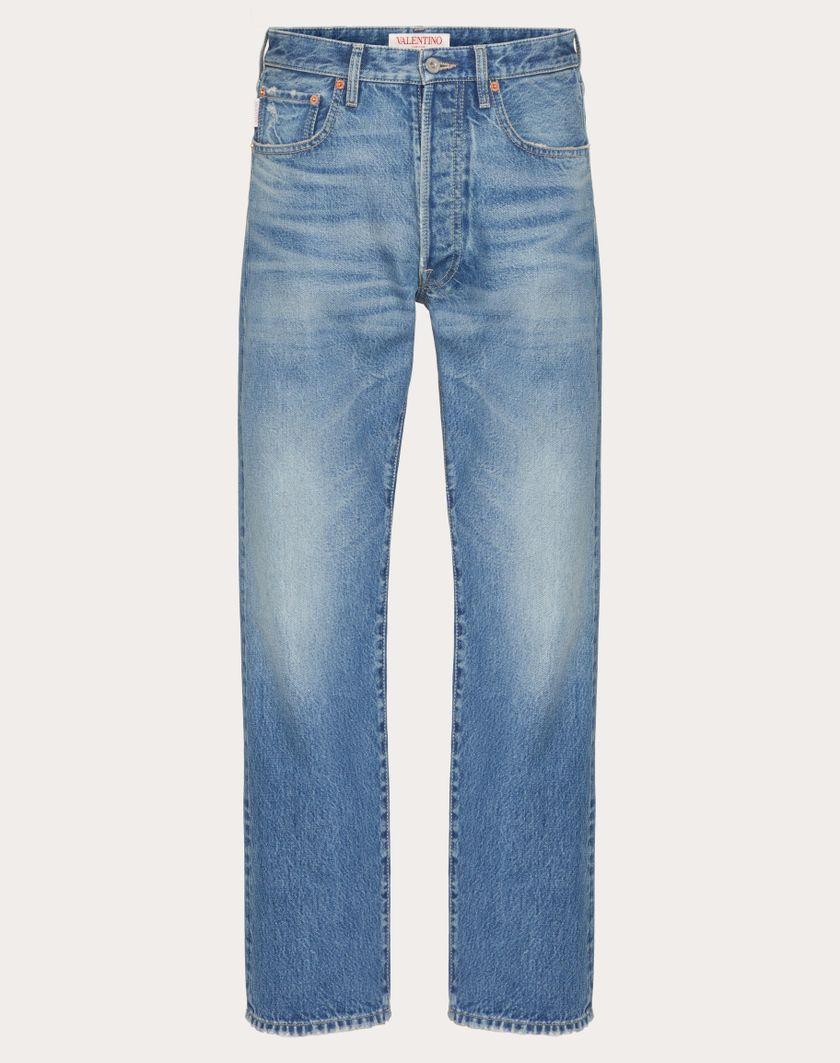 Valentino Handbags Pantalone In Denim Con V Detail Metallica per Uomo in Denim | Valentino IT