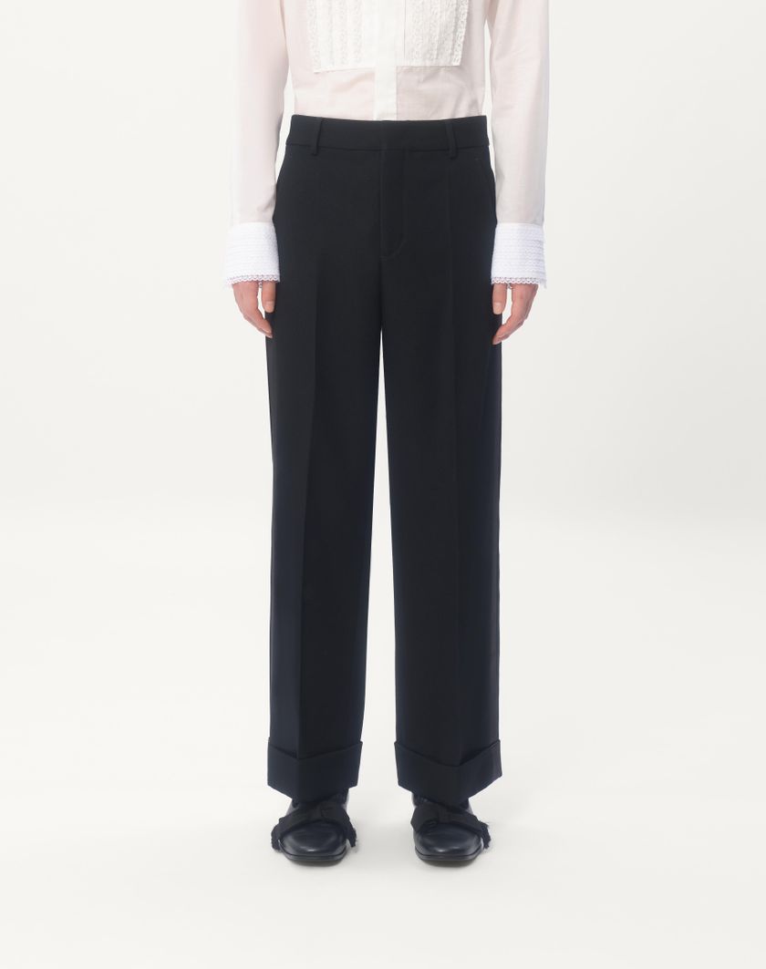 Valentino Handbags Pantalone In Lana Con Risvolto E Bande Laterali In Raso Per Uomo In Nero | Valentino IT