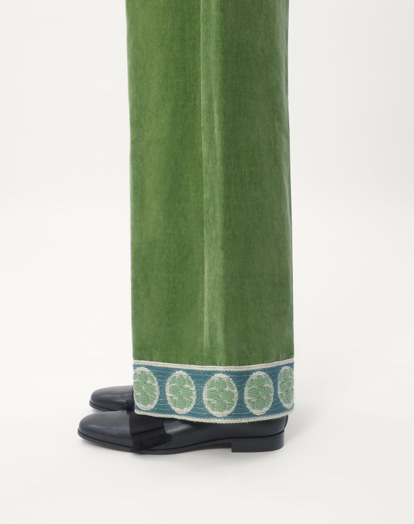 Valentino Handbags Pantalone In Velluto Di Cotone E Lino Lavato Con Fondo In Jacquard Per Uomo In Laurel | Valentino IT