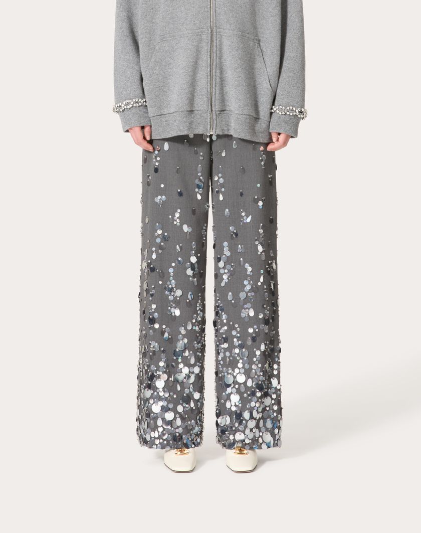 Valentino Handbags Pantaloni In Active Gabardine Ricamati Per Donna In Grigio | Valentino IT