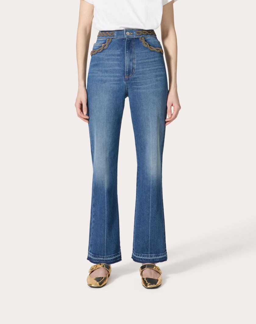 Valentino Handbags Pantaloni In Blu Medio Con Riserva Ricamati Per Donna In Denim | Valentino IT