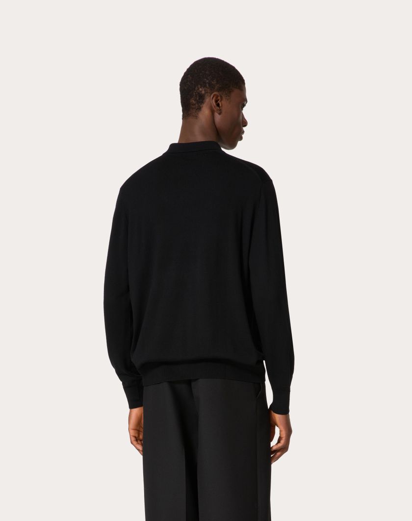 Valentino Handbags Polo Manica Lunga In Lana Con Ricamo Vlogo Signature Per Uomo In Nero | Valentino IT