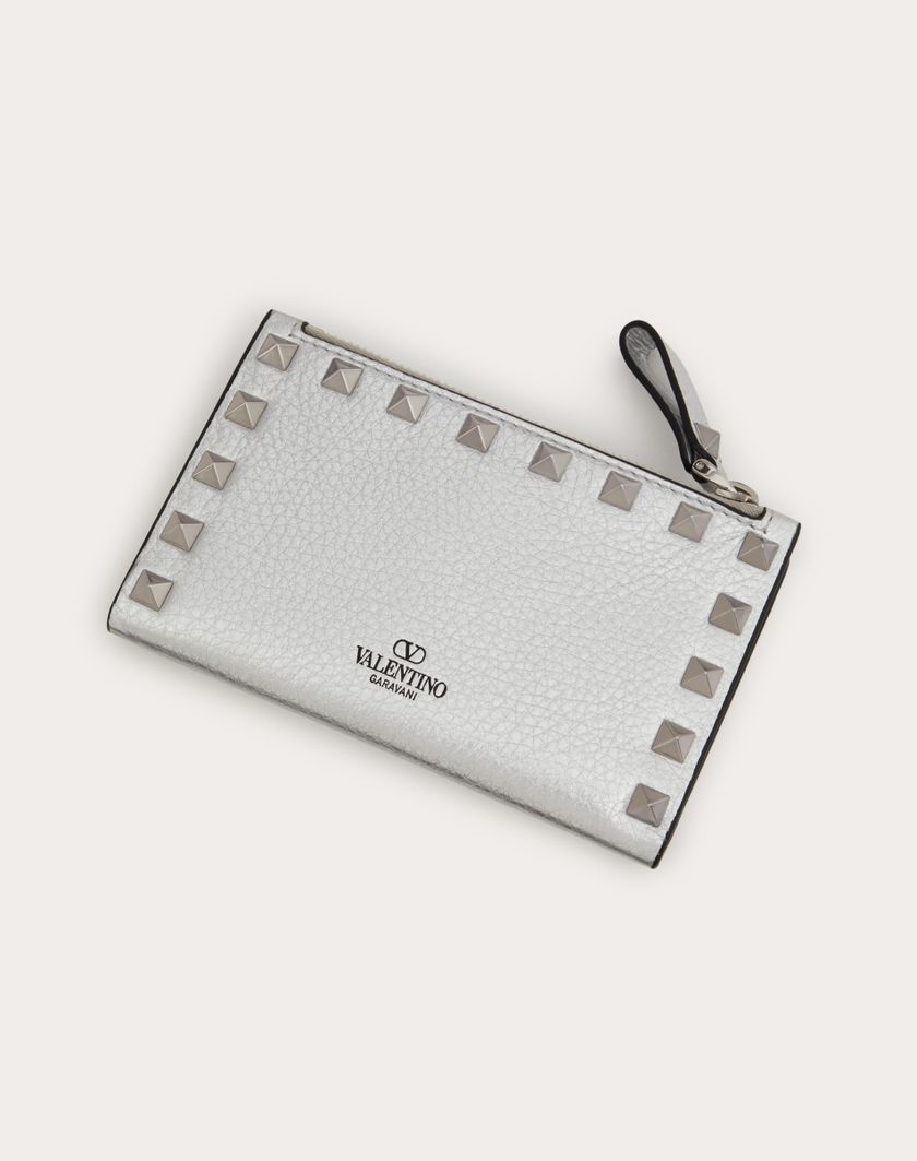 Valentino Handbags Portacarte Con Zip Rockstud In Vitello Granato Metallizzato Per Donna In Argento | Valentino IT