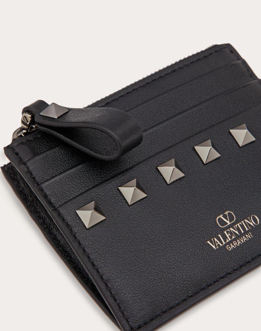 Valentino Handbags Portacarte Rockstud In Vitello Con Zip Per Donna In Nero | Valentino IT