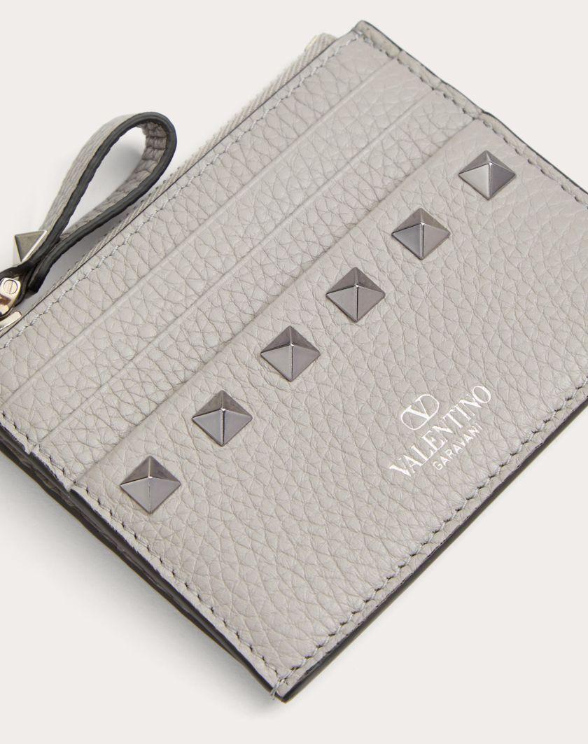Valentino Handbags Portacarte Rockstud In Vitello Granato Con Zip Per Donna In Grigio | Valentino IT