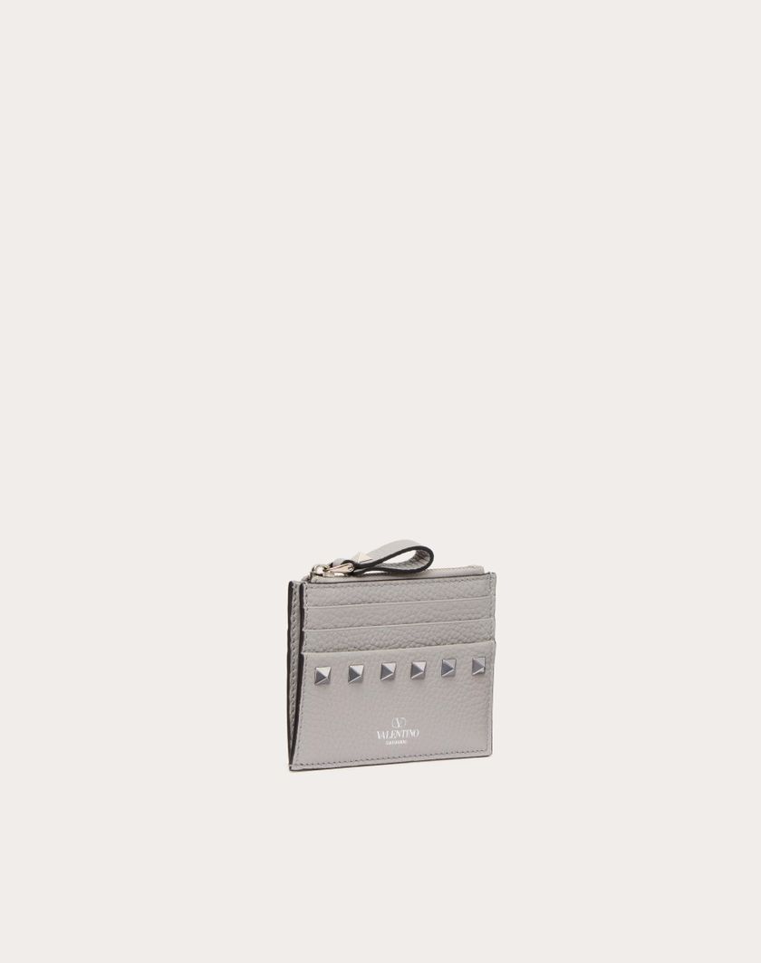 Valentino Handbags Portacarte Rockstud In Vitello Granato Con Zip Per Donna In Grigio | Valentino IT