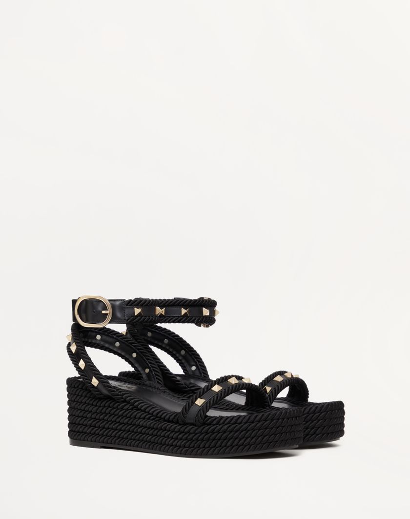 Valentino Handbags Sandalo Flatform Rockstud In Vitello 45mm Per Donna In Nero | Valentino IT