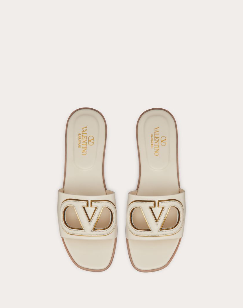 Valentino Handbags Sandalo Slide Vlogo Cut-out In Vitello Per Donna In Cedar Yellow/antique Brass | Valentino IT