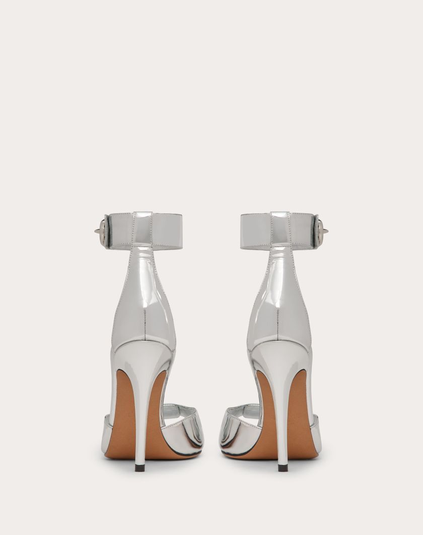 Valentino Handbags Sandalo Vlogo Locker In Vitello Specchio 105mm Per Donna In Argento | Valentino IT