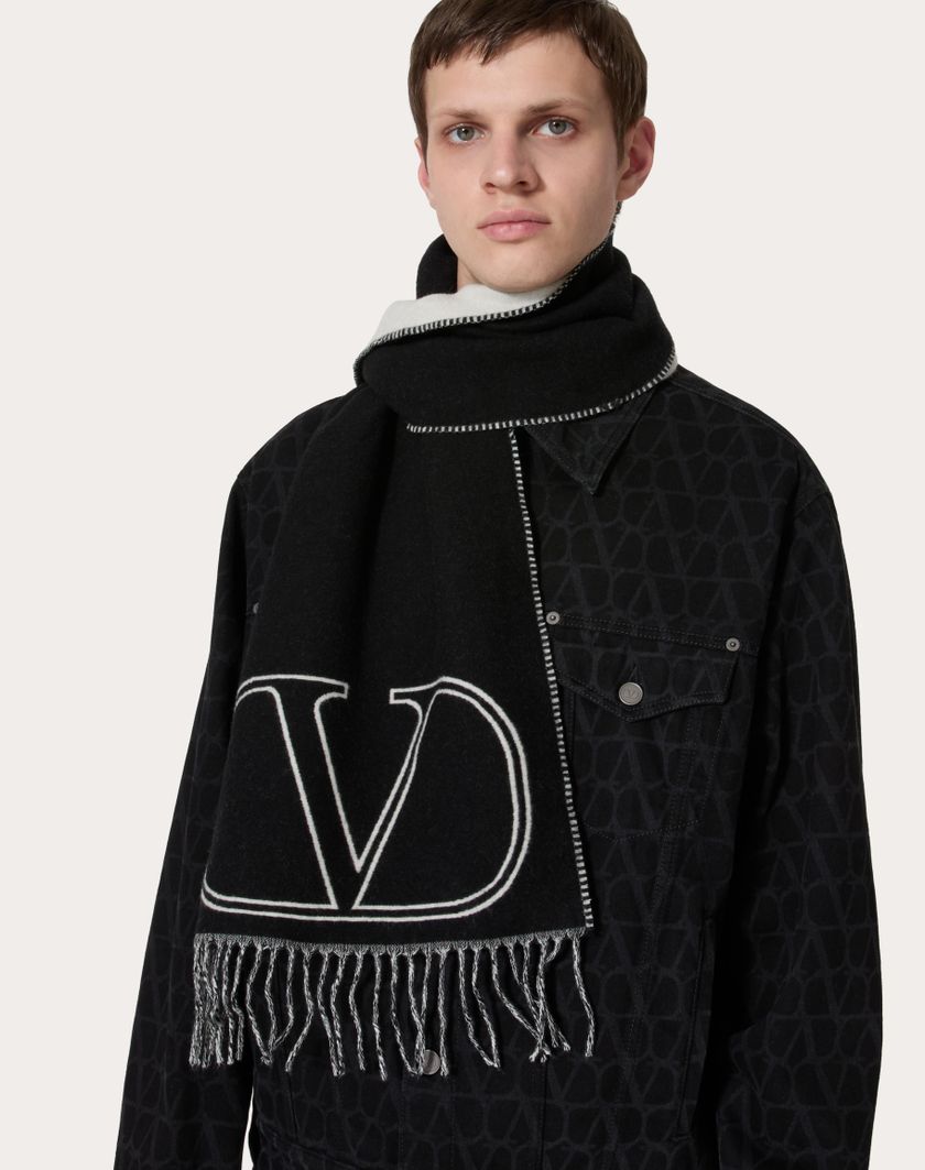 Valentino Handbags Sciarpa Vlogo Signature In Lana E Cashmere Per Uomo In Nero/avorio | Valentino IT